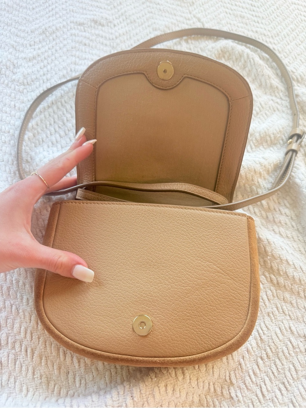 Chloe Beige/Tan Leather & Suede Crossbody with Gold Ring Detail - Picture 6 of 8